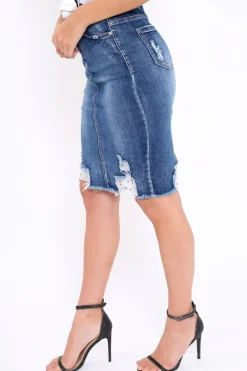 Rebellious Fashion Denim Distressed Midi Skirt - Diana
