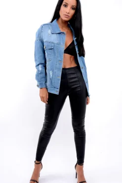 Rebellious Fashion Denim Distressed Oversized Jacket with Floral Embroidery - Preena