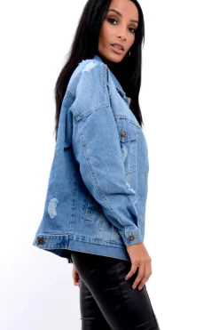 Rebellious Fashion Denim Distressed Oversized Jacket with Floral Embroidery - Preena