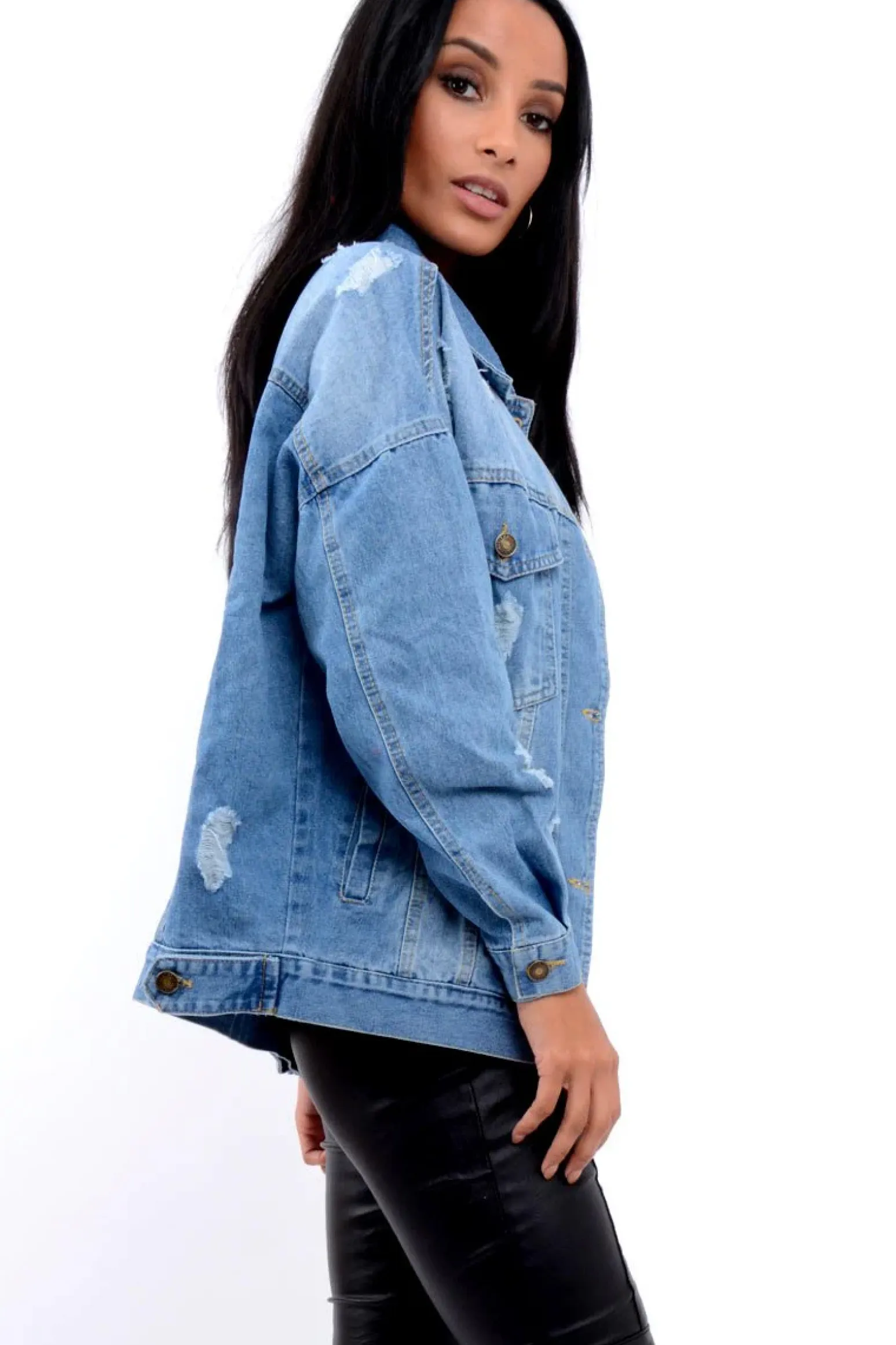 Rebellious Fashion Denim Distressed Oversized Jacket with Floral Embroidery - Preena