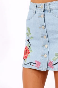 Rebellious Fashion Denim Embroidered Button Front Skirt - River