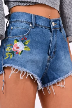 Rebellious Fashion Denim Floral Embroidered High Waisted Shorts - Lyra