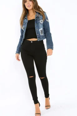 Rebellious Fashion Denim Patch and Stud Jacket - Brittni