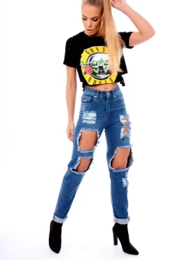 Rebellious Fashion Denim Ripped Mom Jeans - Marissa