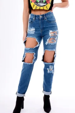 Rebellious Fashion Denim Ripped Mom Jeans - Marissa