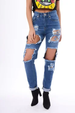 Rebellious Fashion Denim Ripped Mom Jeans - Marissa