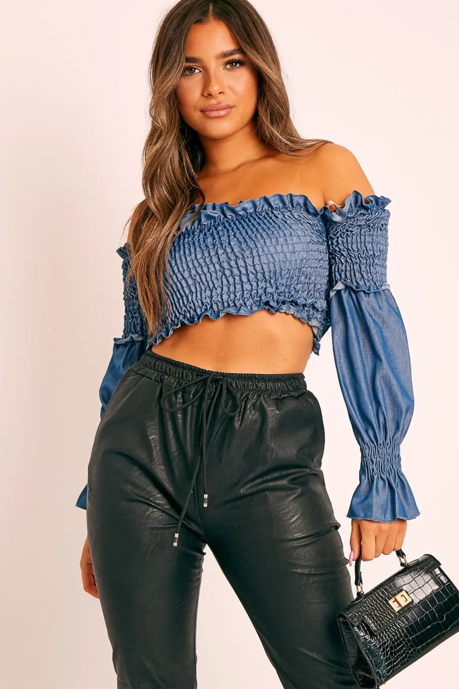 Rebellious Fashion Denim Shirred Wrap Over Bardot Crop Top - Zuri