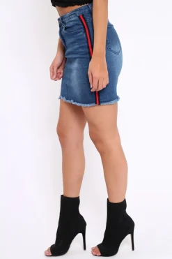 Rebellious Fashion Denim Side Striped Sports Trim Mini Skirt - Trisha