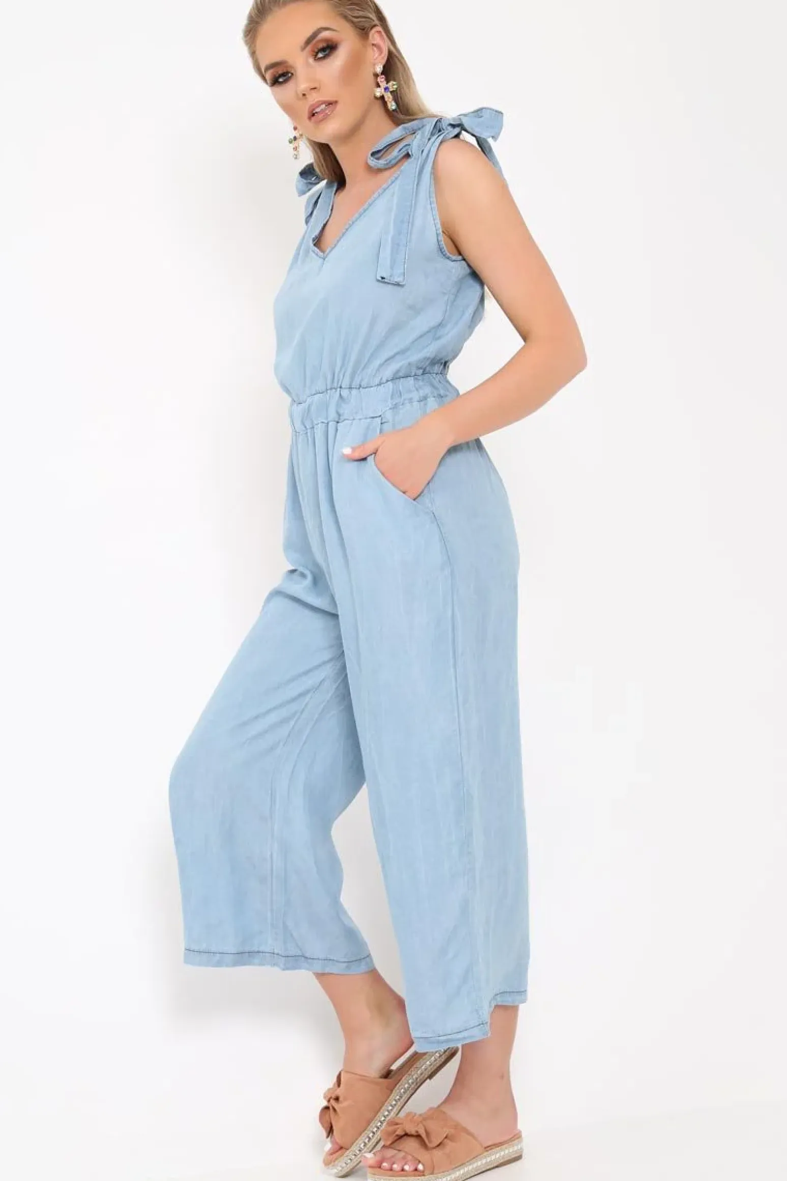 Rebellious Fashion Denim Tie Shoulder Jumpsuit - Zariel