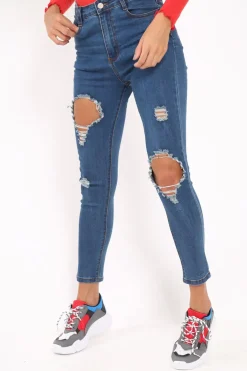 Rebellious Fashion Distressed Dark Denim Skinny Jeans - Delanie