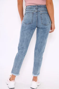 Rebellious Fashion Distressed Split Hem Mom Jeans - Dekota