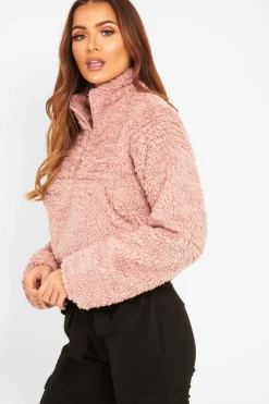 Rebellious Fashion Dusky Pink Borg Zip Front Crop Jacket - Kazi