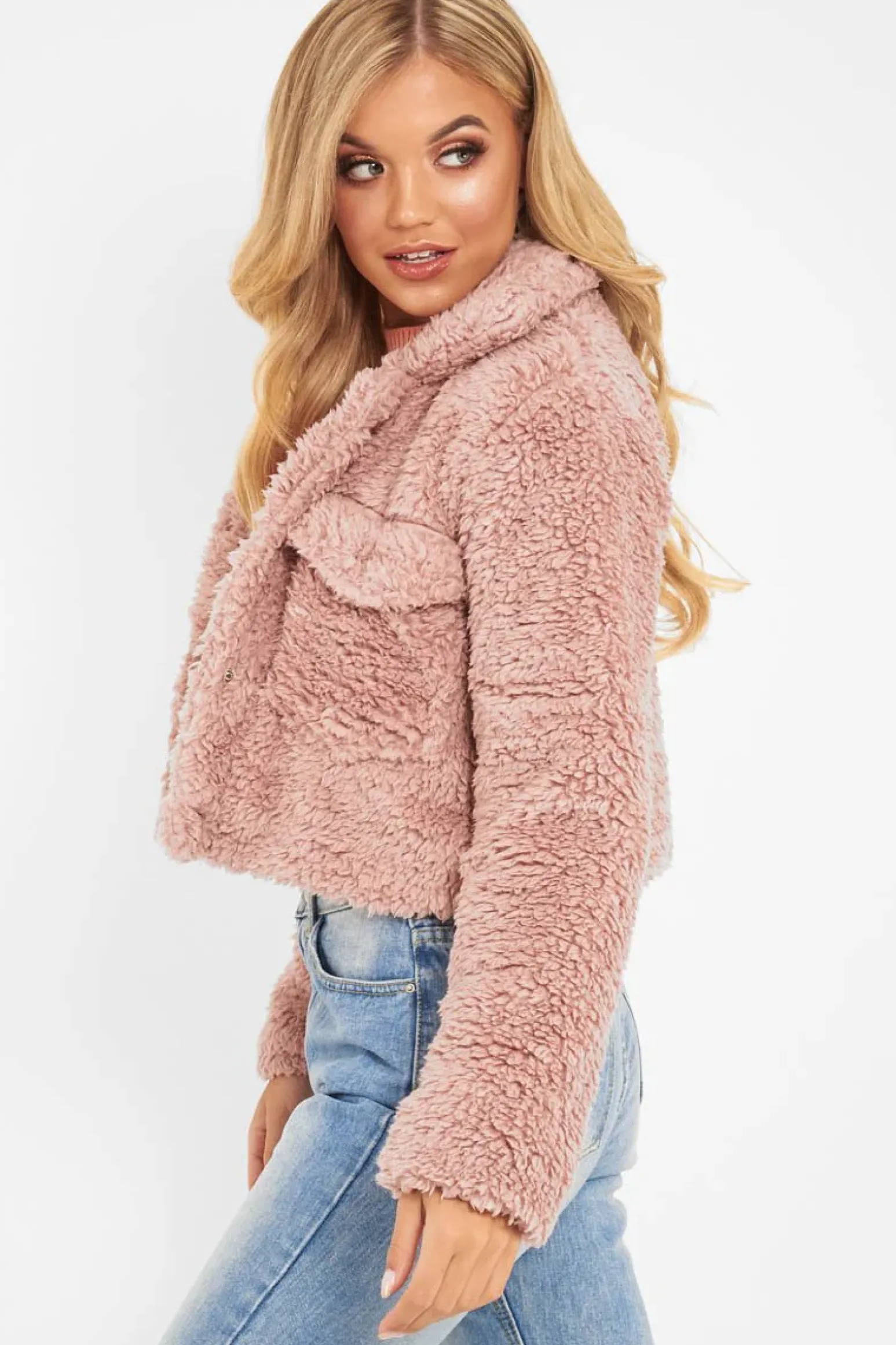 Rebellious Fashion Dusky Pink Cropped Borg Popper Button Coat - Ezmerelda