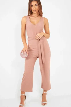 Rebellious Fashion Dusky Pink Plunge Ribbed Tie Waist Jumpsuit - Magdalena