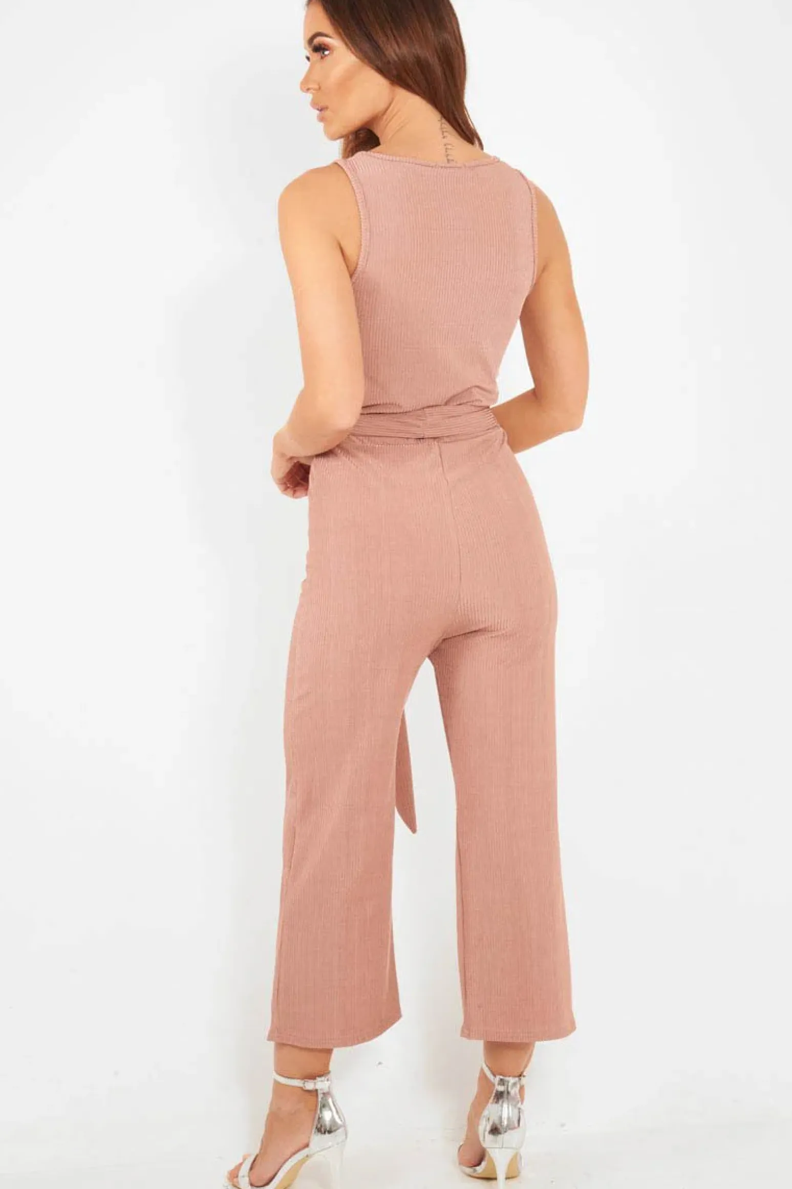 Rebellious Fashion Dusky Pink Plunge Ribbed Tie Waist Jumpsuit - Magdalena