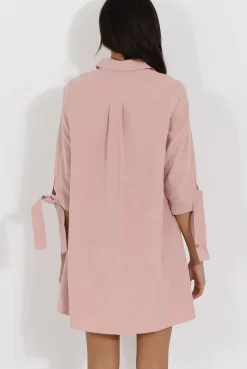 Rebellious Fashion Dusky Pink Suede Tie Cuff Oversized Shirt Dress - Deborah
