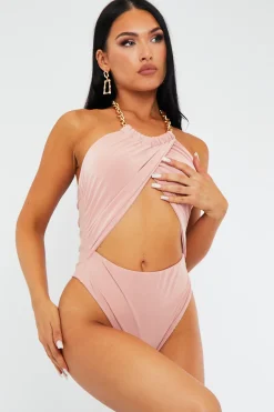 Rebellious Fashion Dusty Pink Crossover Chain Halterneck Bodysuit - Mariel