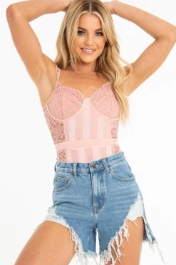 Rebellious Fashion Dusty Pink Lace Mesh Stripe Cup Detail Bodysuit - India