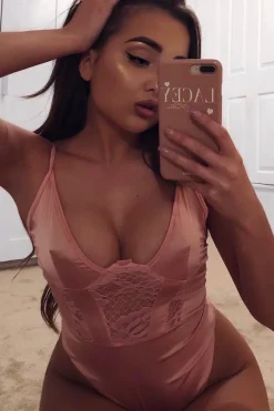 Rebellious Fashion Dusty Pink Satin Lace Plunge Bodysuit - Zaida
