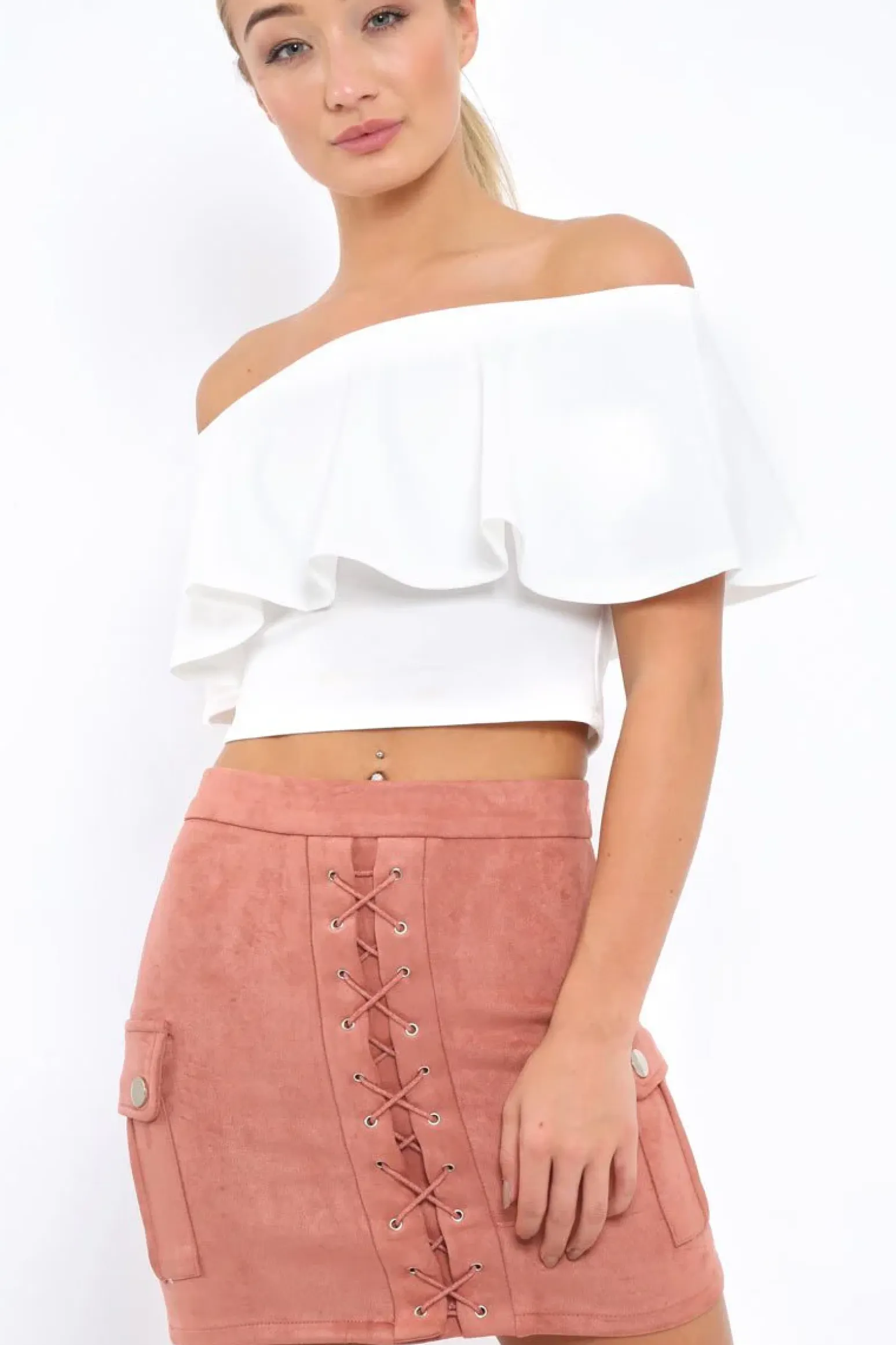 Rebellious Fashion Dusty Pink Suedette Lace Up Skirt - Ressie