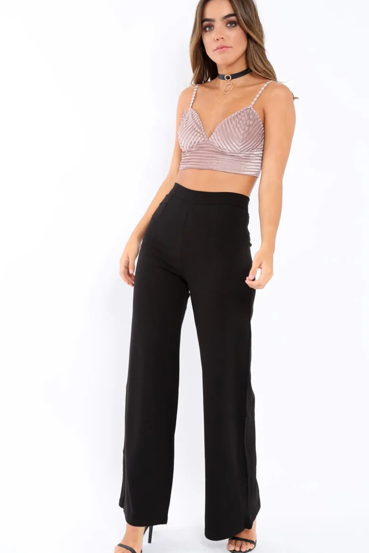 Rebellious Fashion Dusty Pink Velvet Mesh Stripe Plunge Crop Top - Sachi