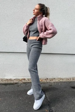 Rebellious Fashion Dusty Pink Zip Front Teddy Jacket - Elena