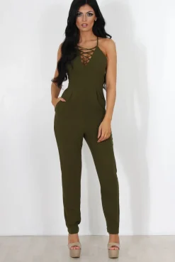Rebellious Fashion Eilysh Khaki Lace Up Jumpsuit
