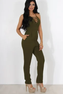 Rebellious Fashion Eilysh Khaki Lace Up Jumpsuit