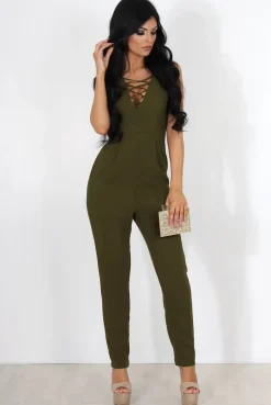 Rebellious Fashion Eilysh Khaki Lace Up Jumpsuit