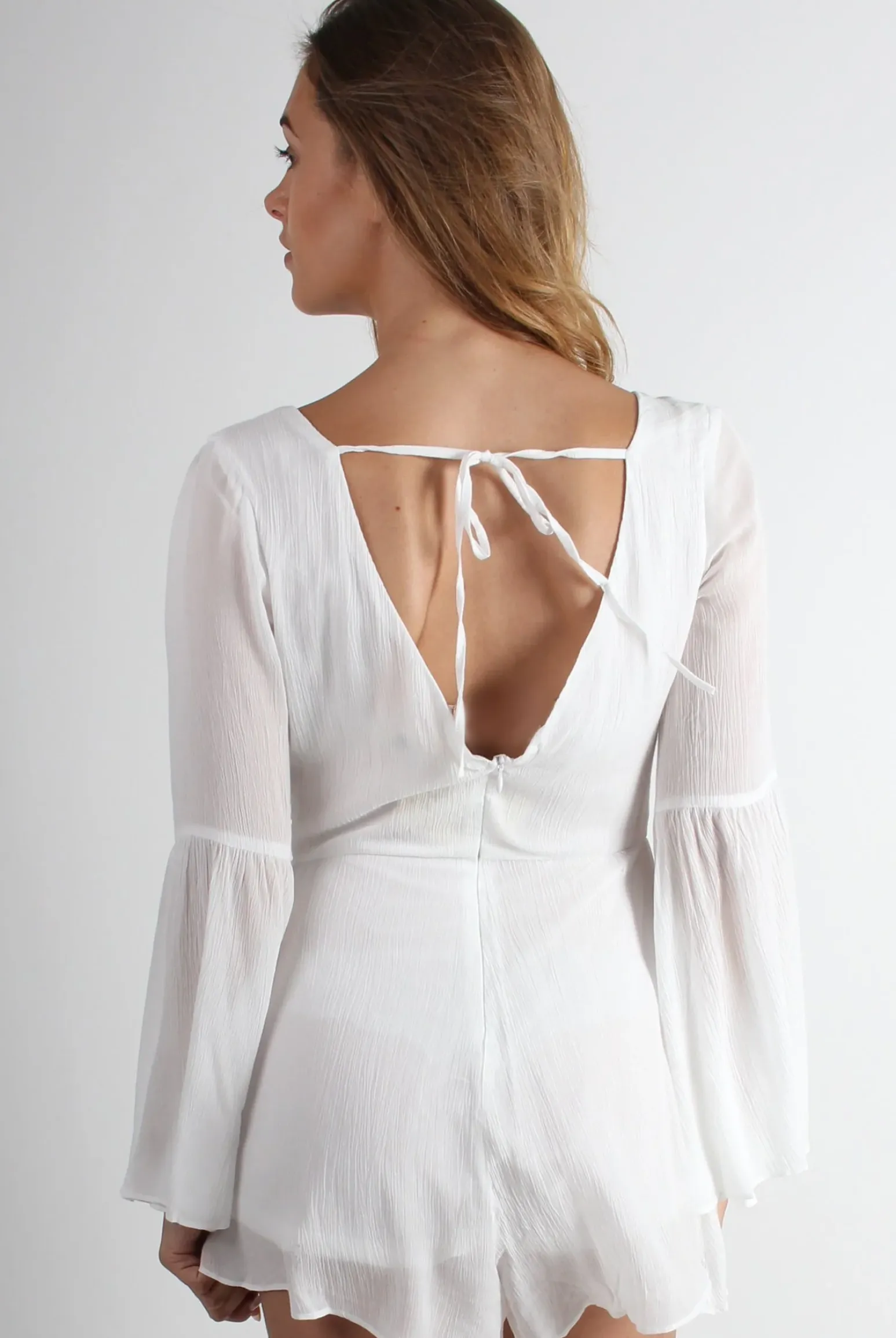 Rebellious Fashion Eleanor White Crochet Bell Sleeve Playsuit