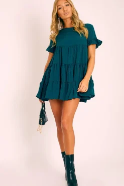Rebellious Fashion Emerald Green Smock Tiered Frill Sleeve Mini Dress - Olah