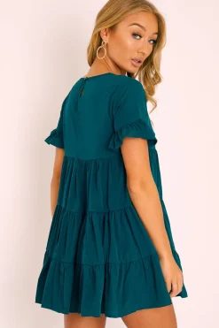 Rebellious Fashion Emerald Green Smock Tiered Frill Sleeve Mini Dress - Olah