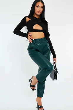 Rebellious Fashion Emerald Green Tailored Fit PU Leather Trousers - Nadya