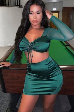 Rebellious Fashion Emerald Satin Mesh Lace Up Detail Co-Ord - Levi