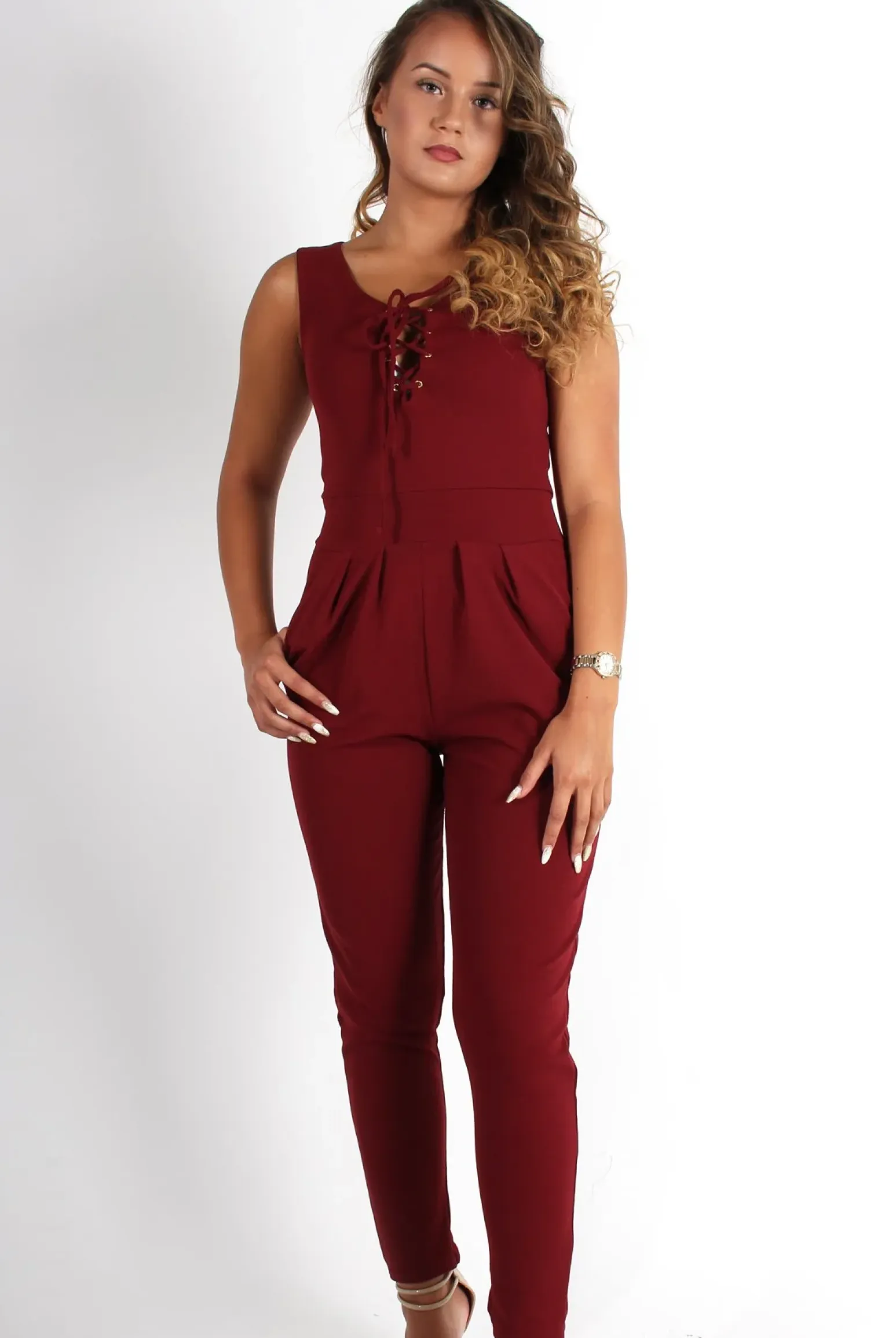 Rebellious Fashion Emily Wine Tie Front Jumpsuit