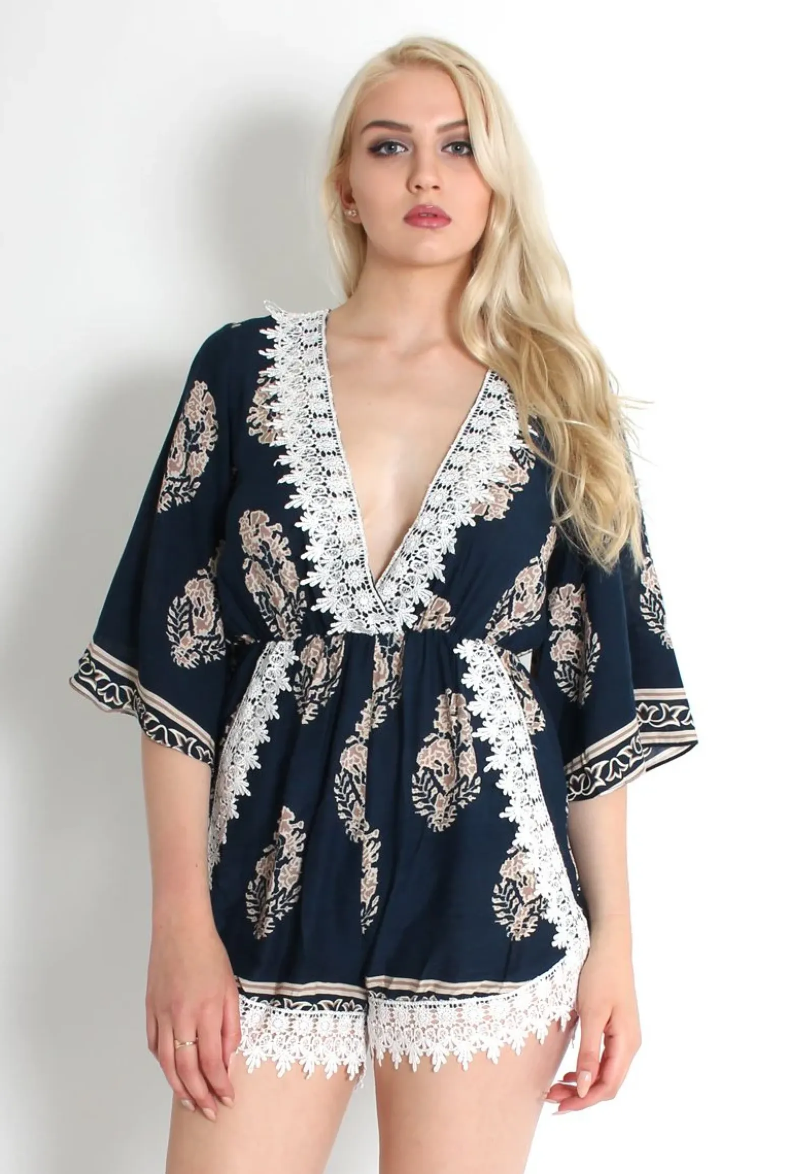 Rebellious Fashion Emmy Navy Paisley Print Crochet Playsuit