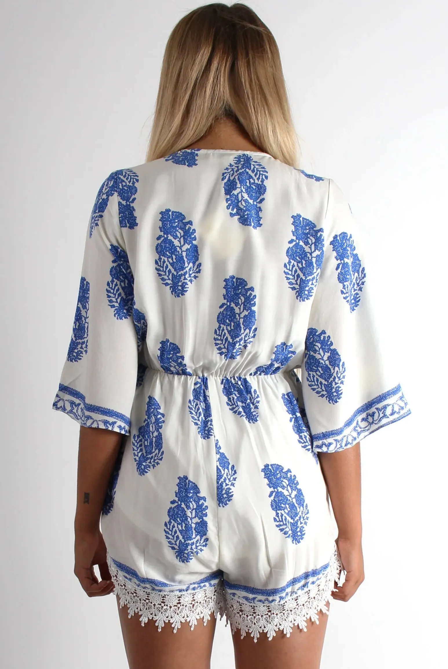Rebellious Fashion Emmy White Paisley Print Crochet Playsuit