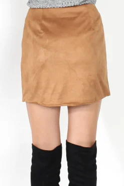 Rebellious Fashion Esmey Camel Suede Zip Up Skirt