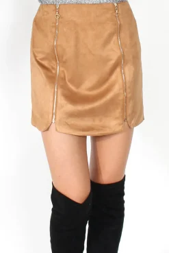 Rebellious Fashion Esmey Camel Suede Zip Up Skirt