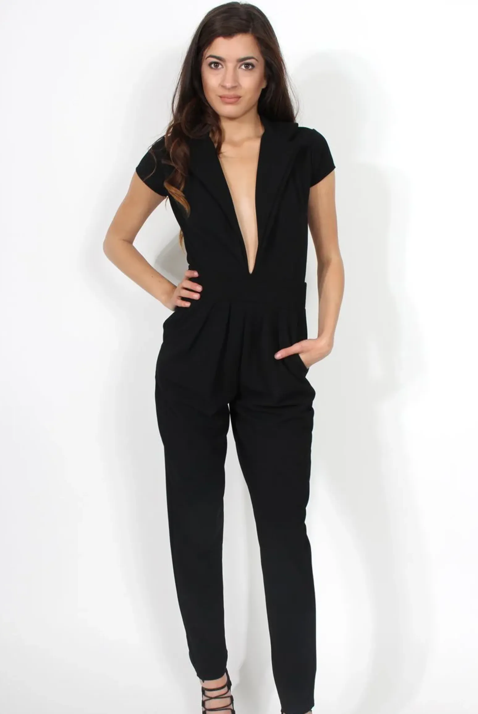Rebellious Fashion Farrah Black Deep V Jumpsuit