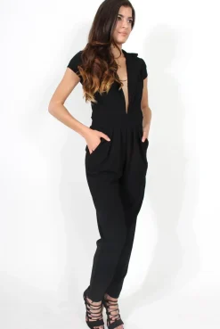 Rebellious Fashion Farrah Black Deep V Jumpsuit