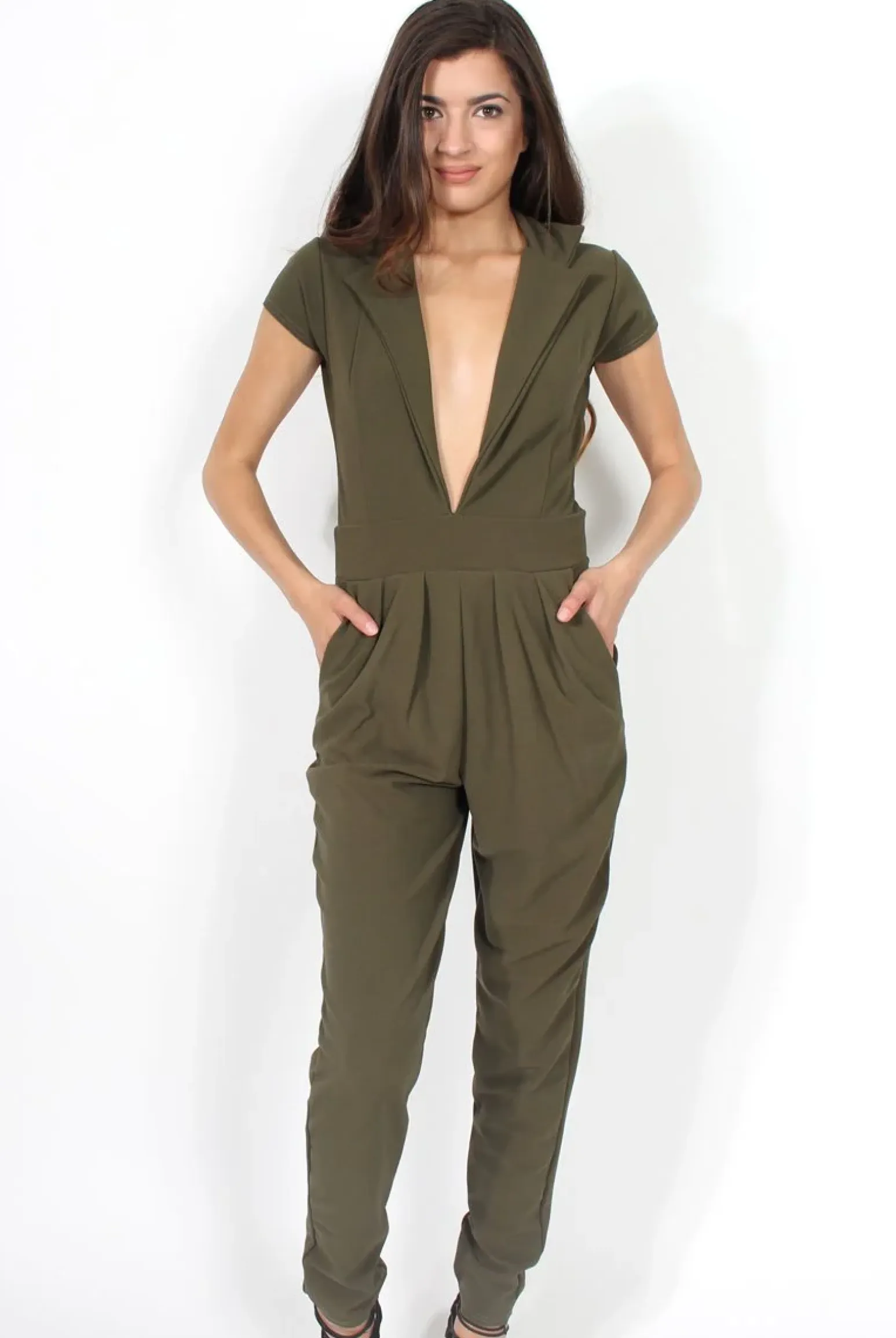 Rebellious Fashion Farrah Khaki Deep V Jumpsuit