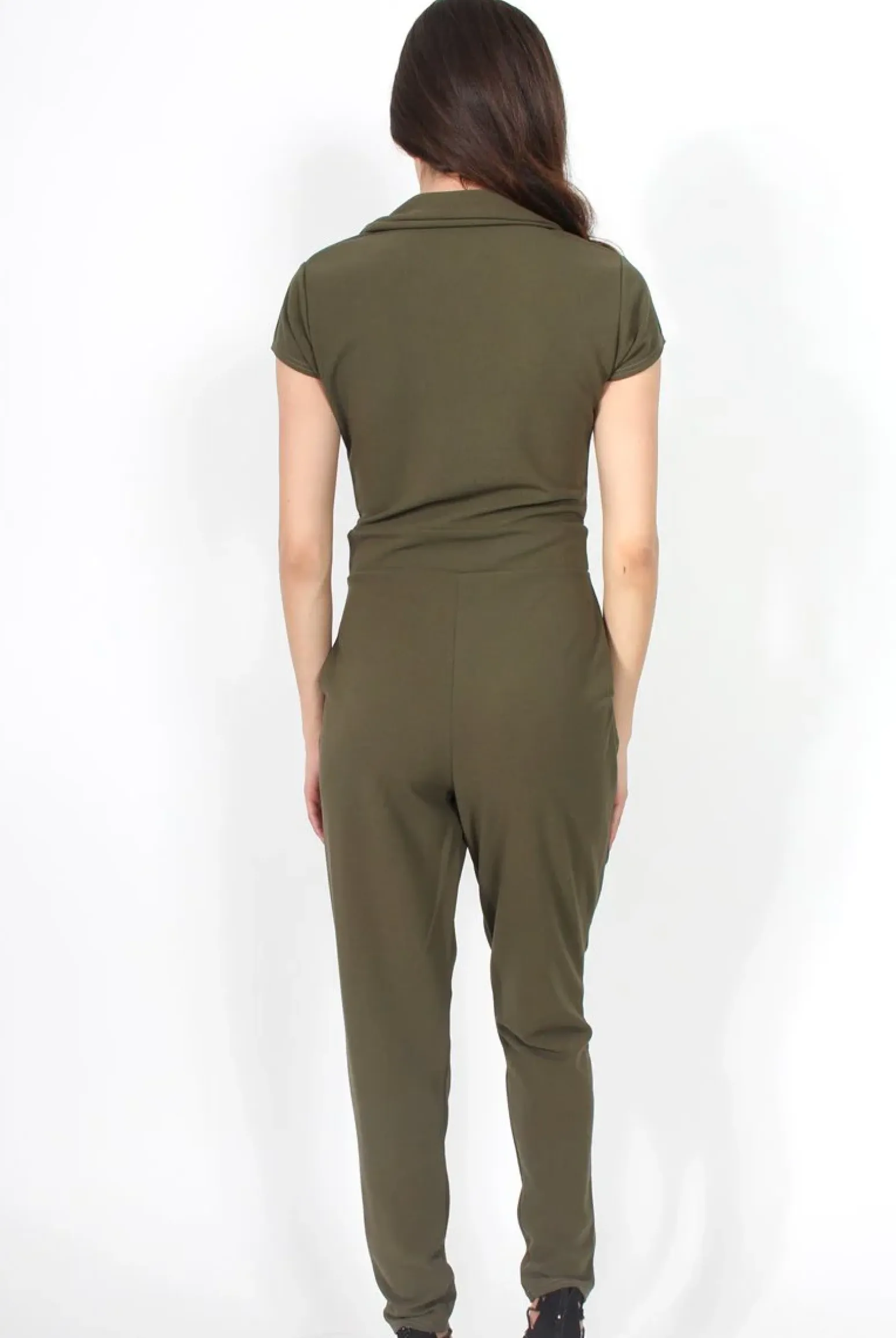 Rebellious Fashion Farrah Khaki Deep V Jumpsuit