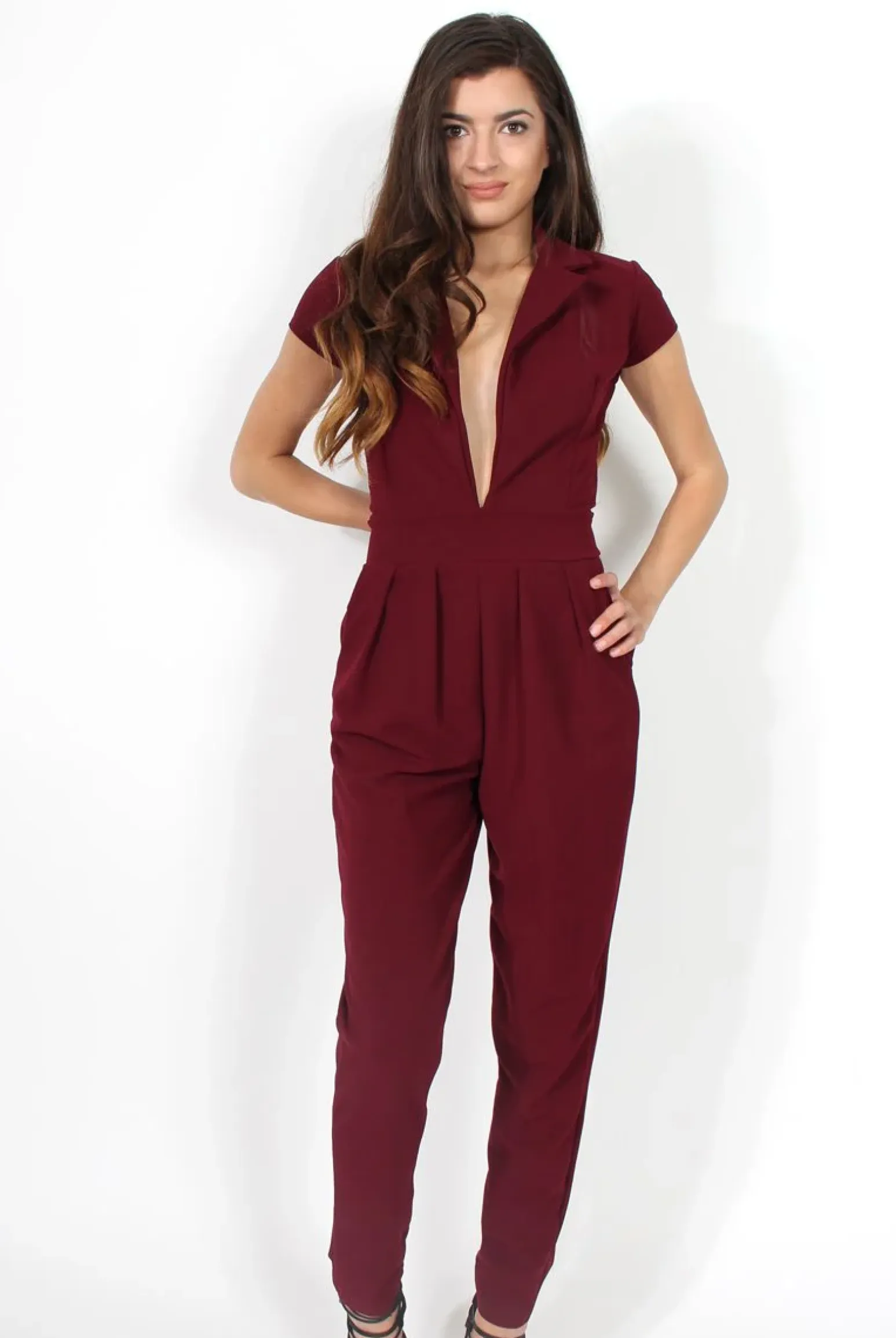 Rebellious Fashion Farrah Wine Deep V Jumpsuit