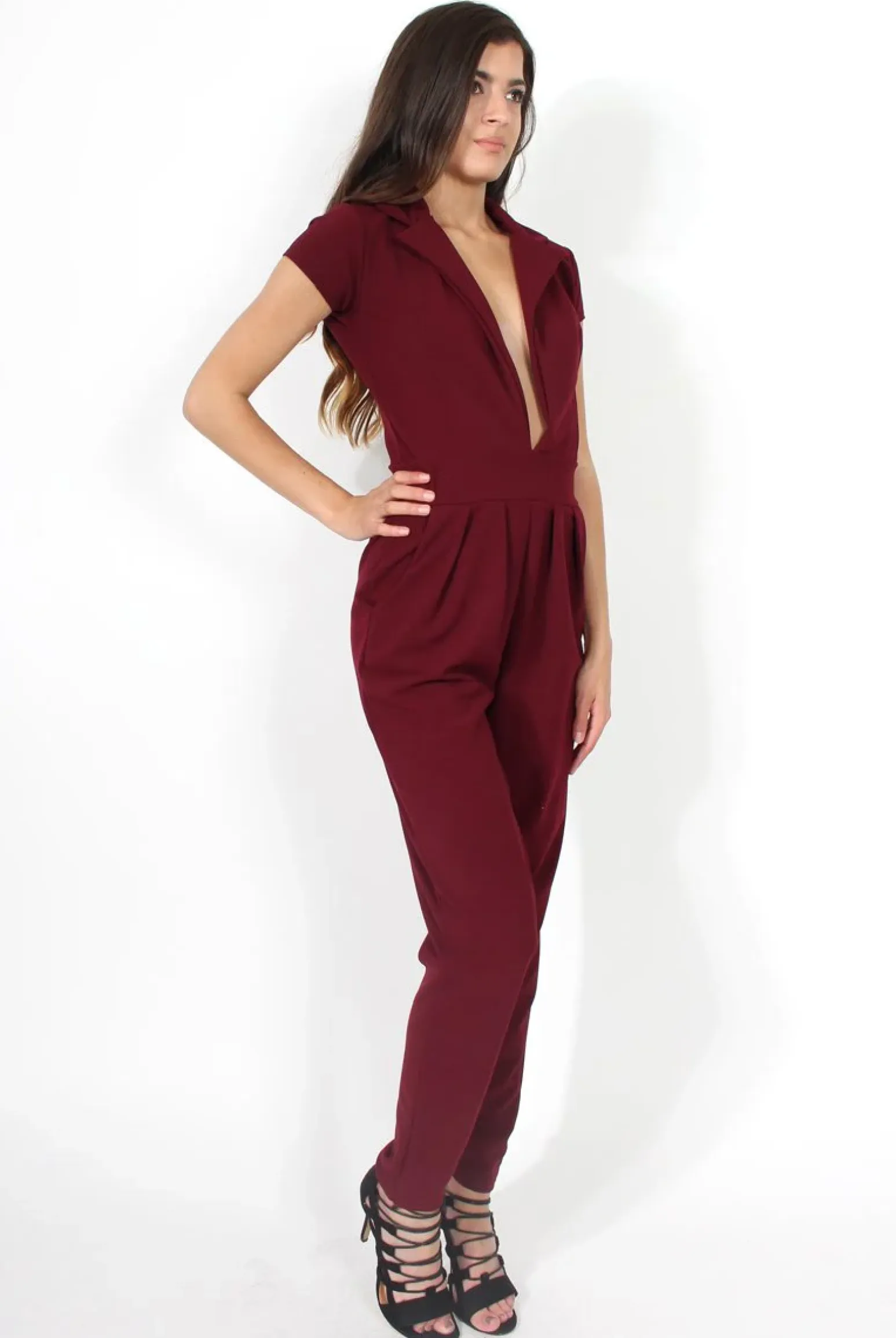 Rebellious Fashion Farrah Wine Deep V Jumpsuit