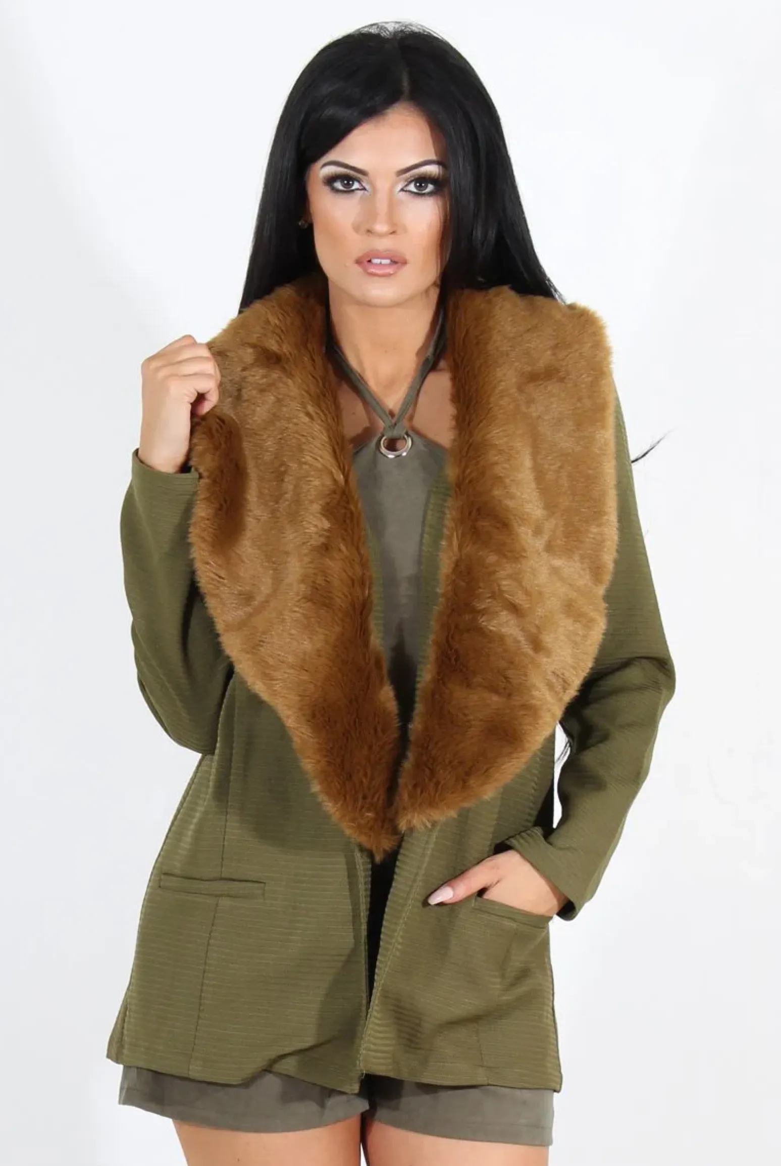 Rebellious Fashion Felicia Khaki Faux Fur Jacket