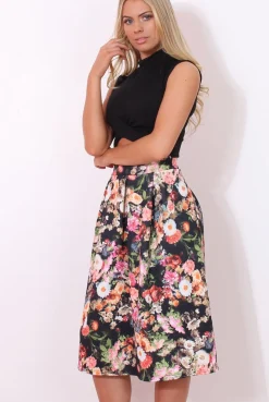 Rebellious Fashion Fergi Black Floral Print Midi Skirt