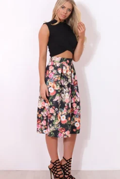 Rebellious Fashion Fergi Black Floral Print Midi Skirt