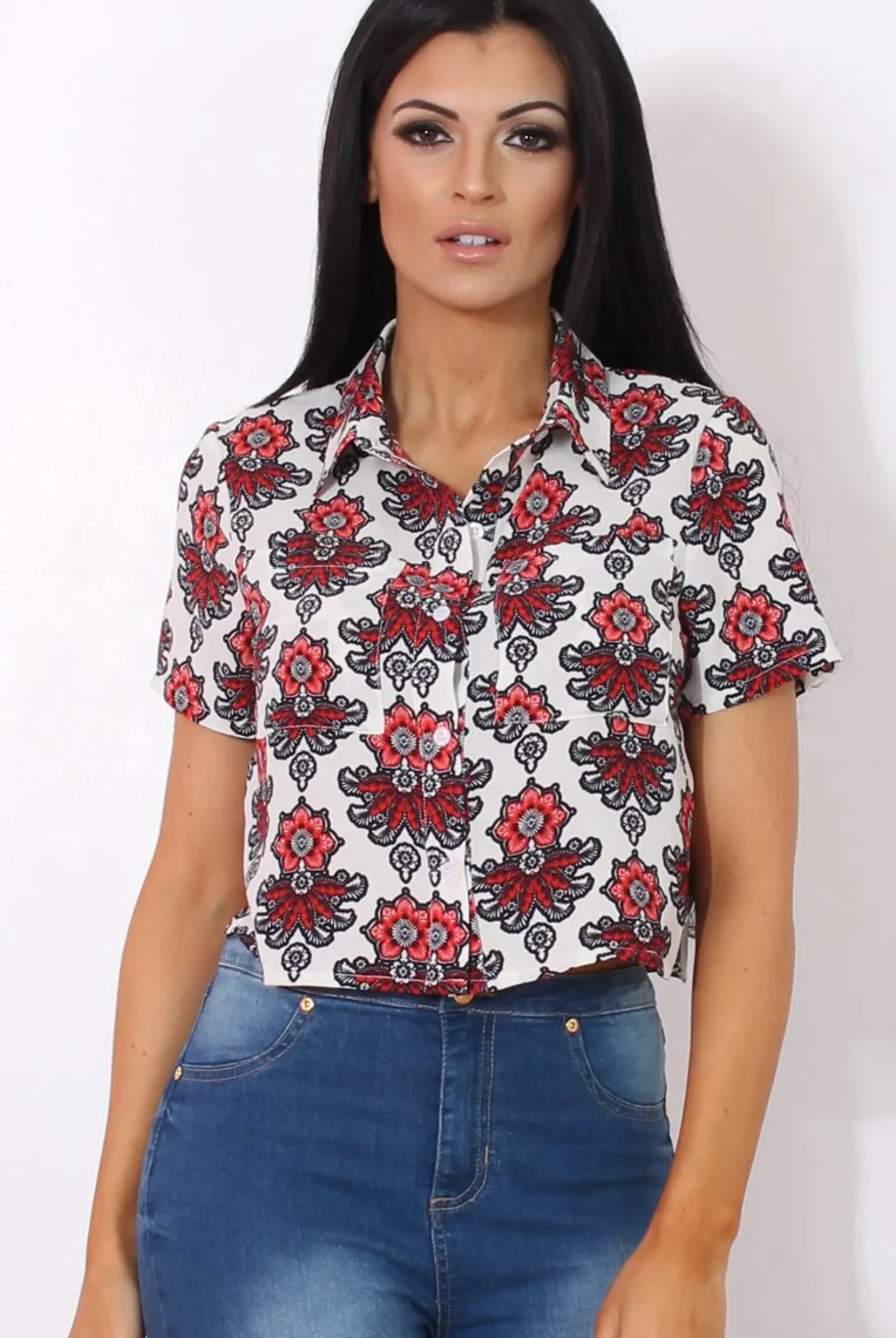 Rebellious Fashion Fern Red Floral Print Crop Shirt