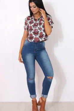 Rebellious Fashion Fern Red Floral Print Crop Shirt